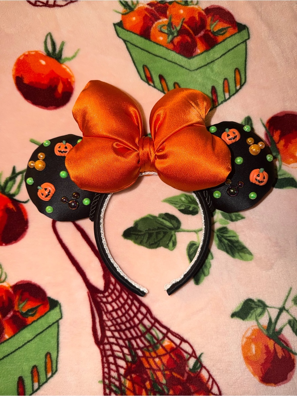 Disney Halloween Minnie Bow Pumpkin Ears Headband Orange Black Green Gems MNSSHP